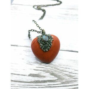 Red jasper heart and opal crystal encrusted necklace handmade